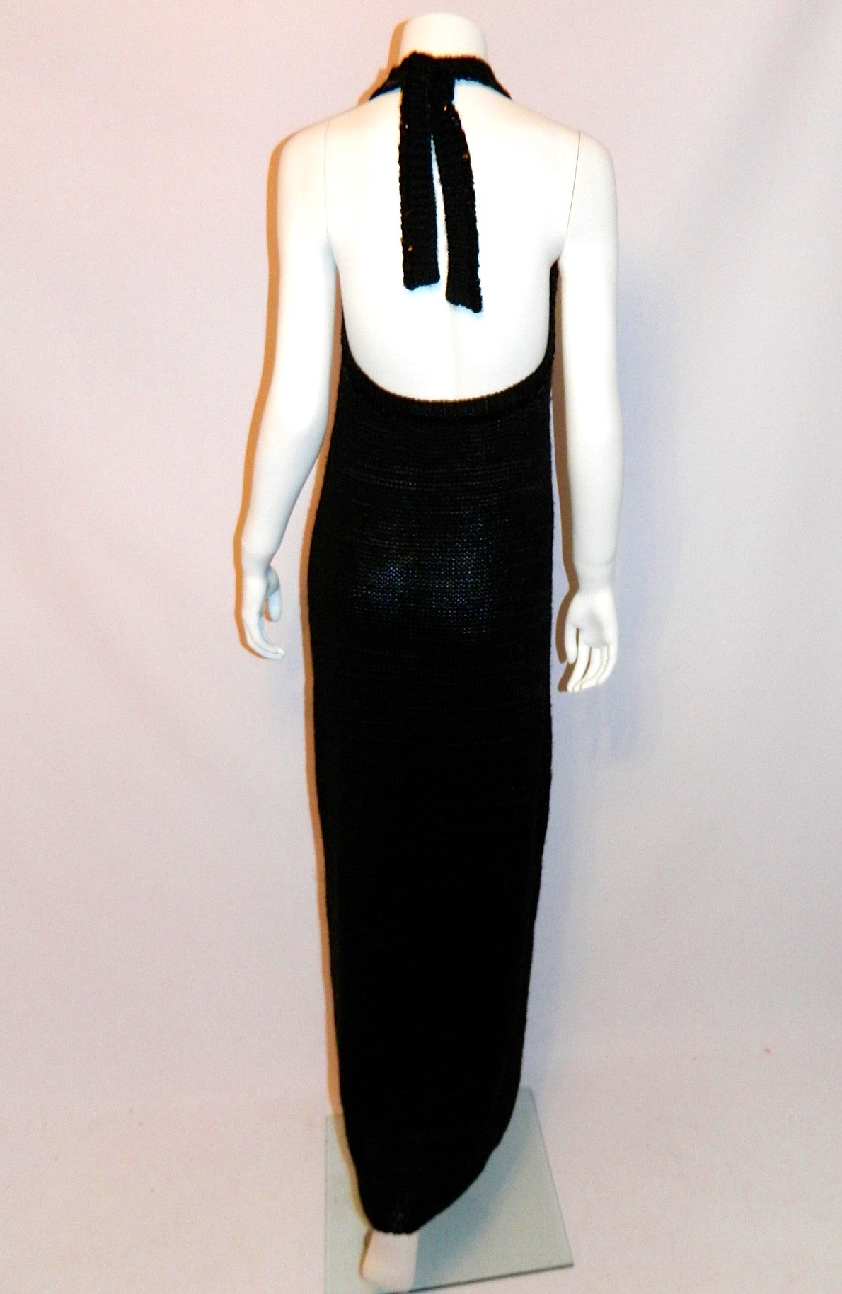 vintage COURREGES dress / 1960s MOD black crochet knit halter maxi gown XS