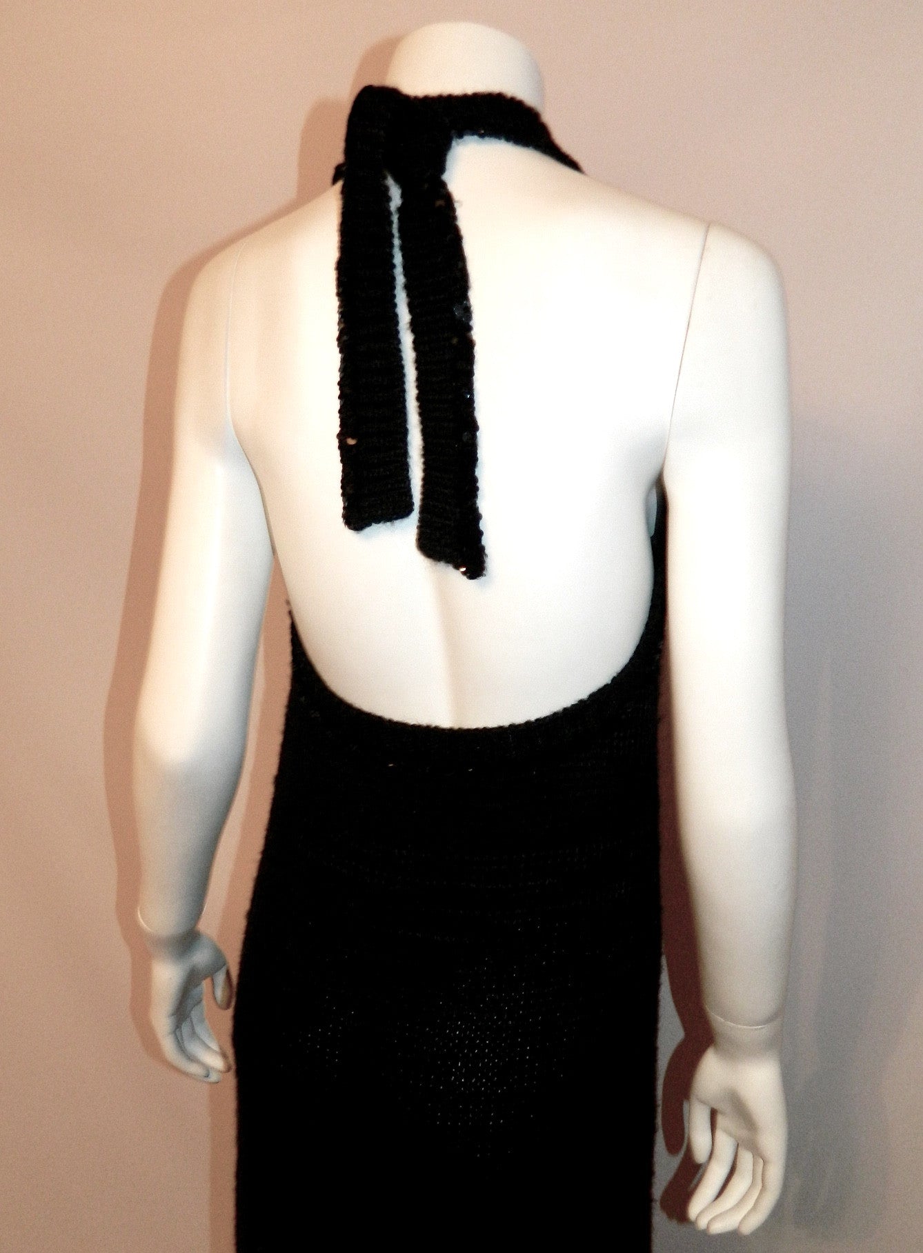 vintage COURREGES dress / 1960s MOD black crochet knit halter maxi gown XS