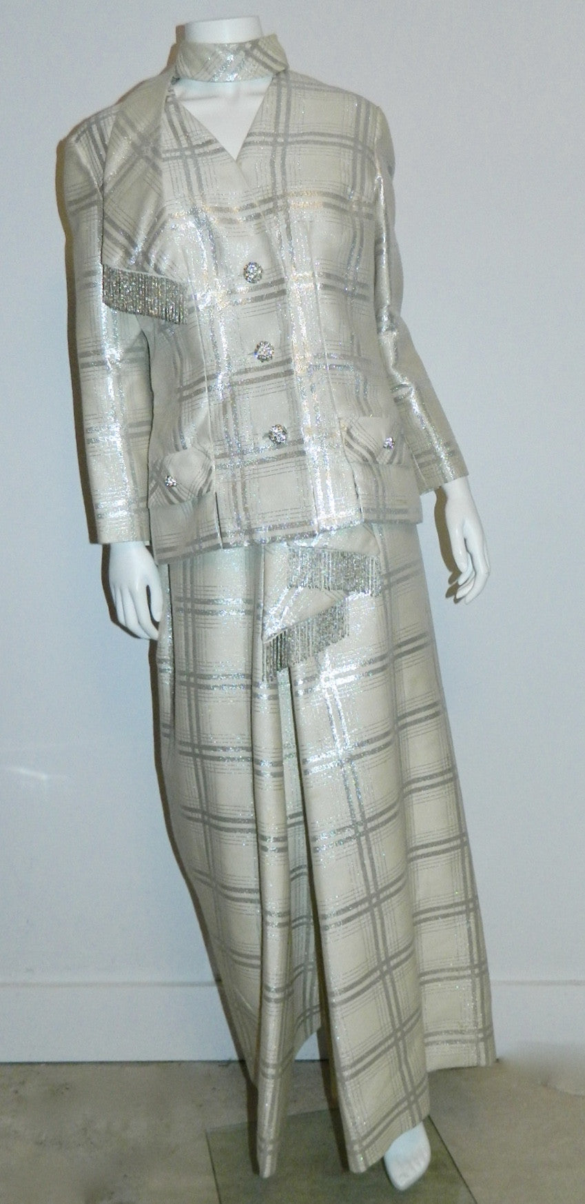 vintage 1960s plaid jumpsuit / silver BERNETTI New York formal gown suit