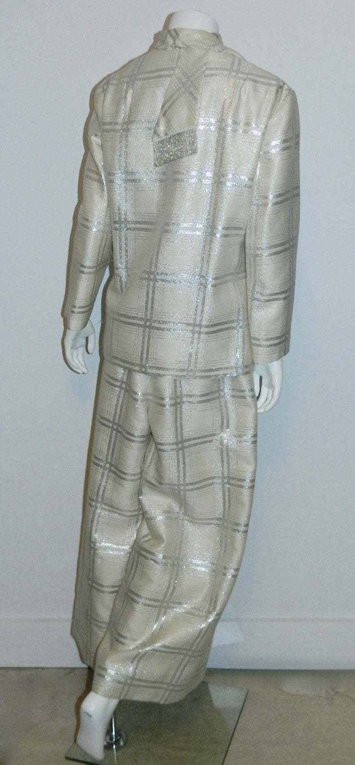 vintage 1960s plaid jumpsuit / silver BERNETTI New York formal gown suit