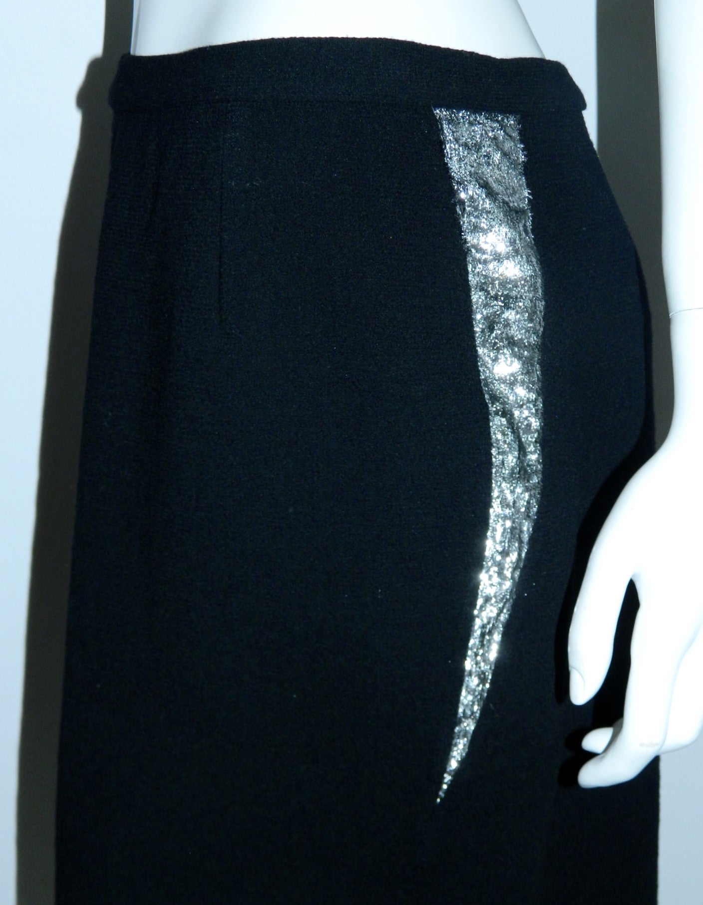 black wool Geoffrey Beene skirt silver lightning bolts / side seams 1980s vintage