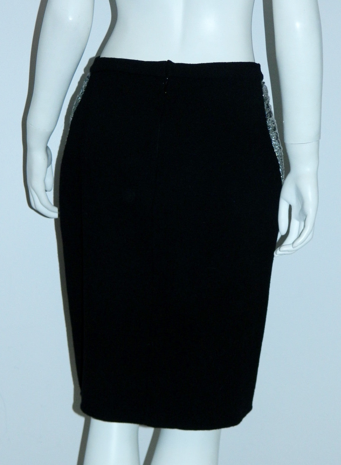 black wool Geoffrey Beene skirt silver lightning bolts / side seams 1980s vintage