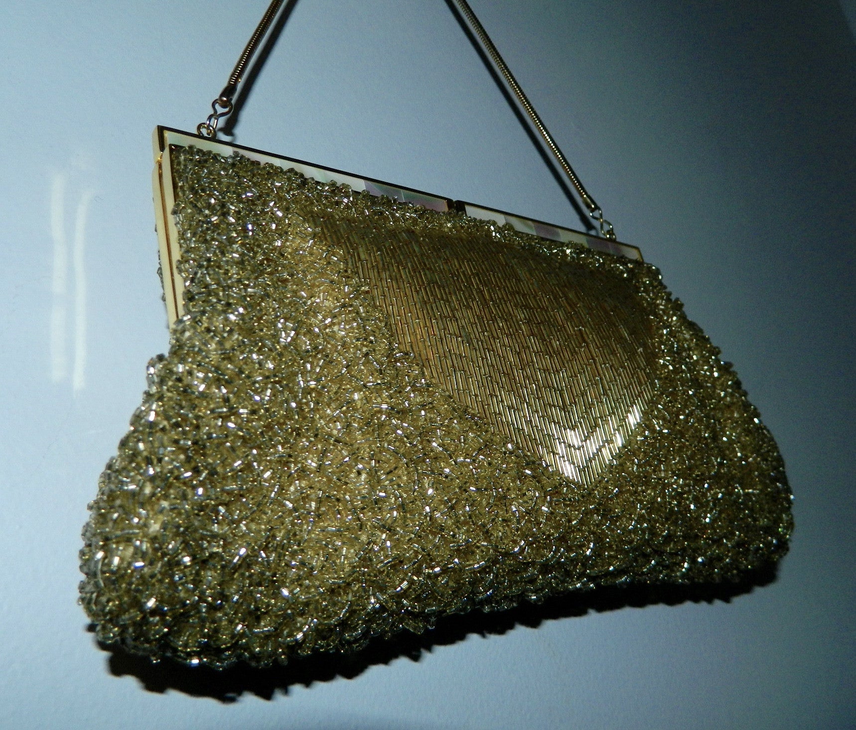 60s vintage evening bag, formal gold beaded purse w/ shoulder