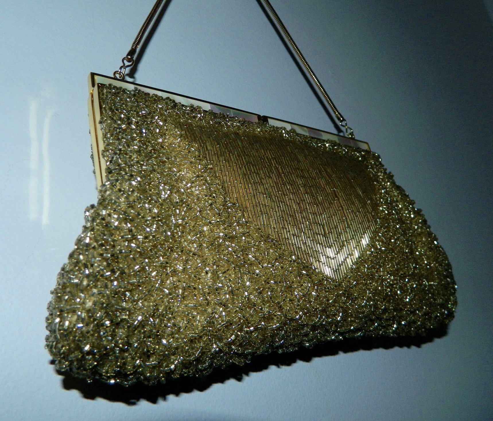 vintage 1950s gold evening bag Mr. John beaded purse Mother of Pearl clasp