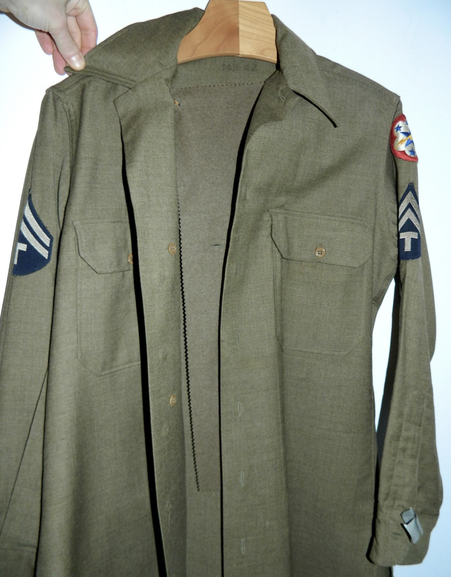 vintage 1940s US Army Coat Style OD flannel shirt T/5 Western Pacific Unit