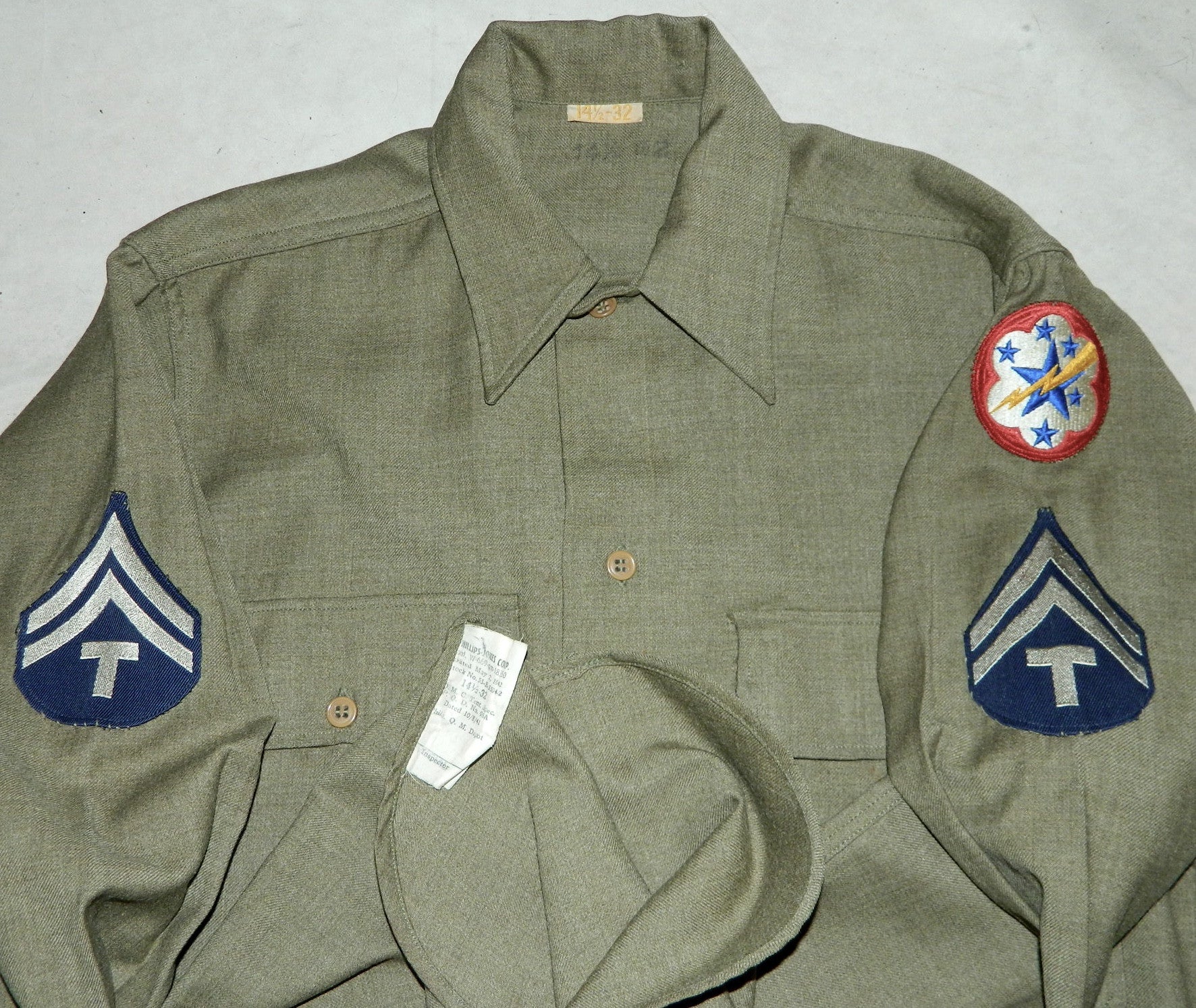 vintage 1940s US Army Coat Style OD flannel shirt T/5 Western Pacific Unit