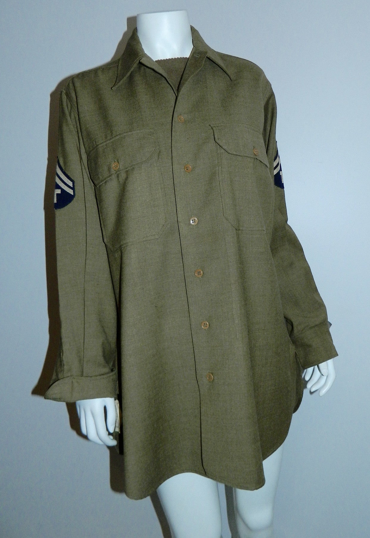 vintage 1940s US Army Coat Style OD flannel shirt T/5 Western Pacific Unit