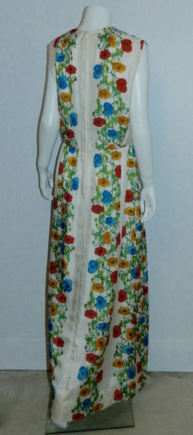 vintage silk gown 1970s Kaplan white floral maxi dress M Boho luxe wedding