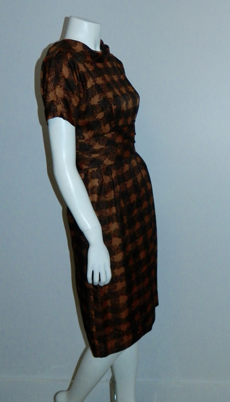 1960s chic vintage copper houndstooth Florian sheath dress bow back XS