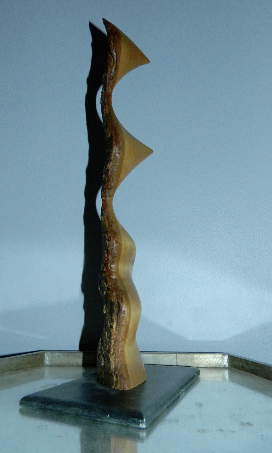 abstract moderne Alain Flamand maple wood sculpture stone base vintage wood carving Quebec artist