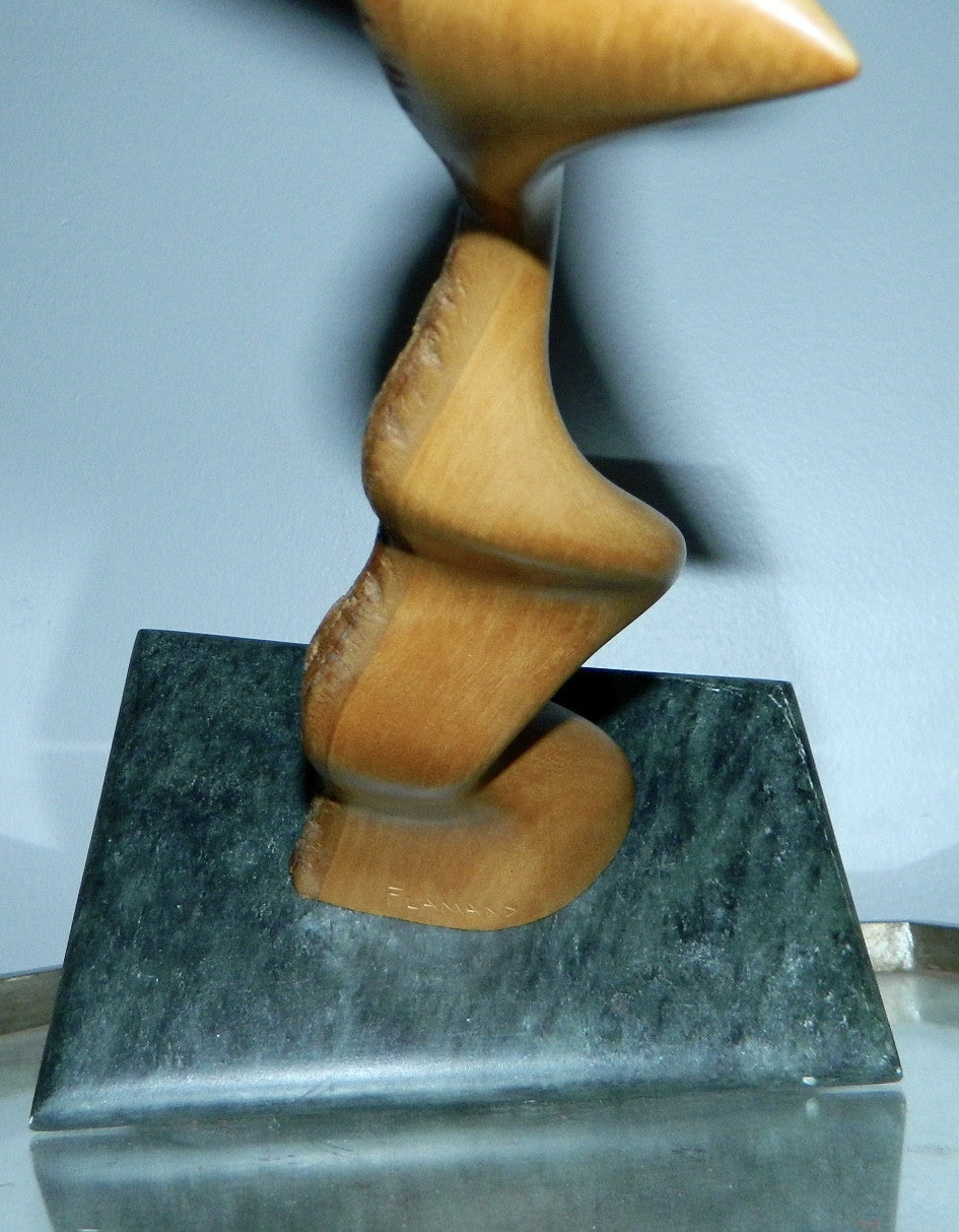abstract moderne Alain Flamand maple wood sculpture stone base vintage wood carving Quebec artist