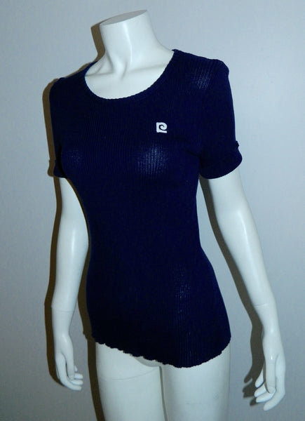 MOD blue Pierre Cardin logo top vintage 60s / 70s poorboy rib knit t shirt OSFM