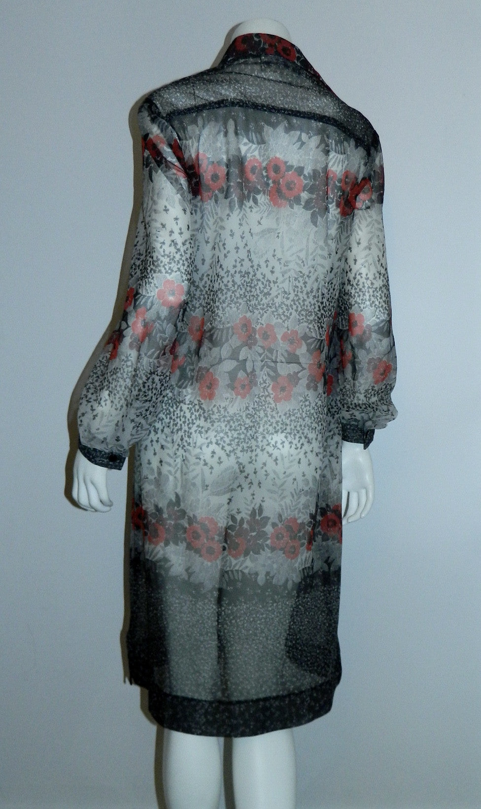 vintage Edith Flagg dress 1970s sheer floral shirtdress red black gray M