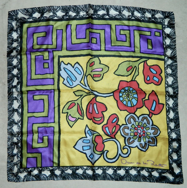 bold silk scarf Oscar de la Renta mosaic floral Greek Key vintage 1980s