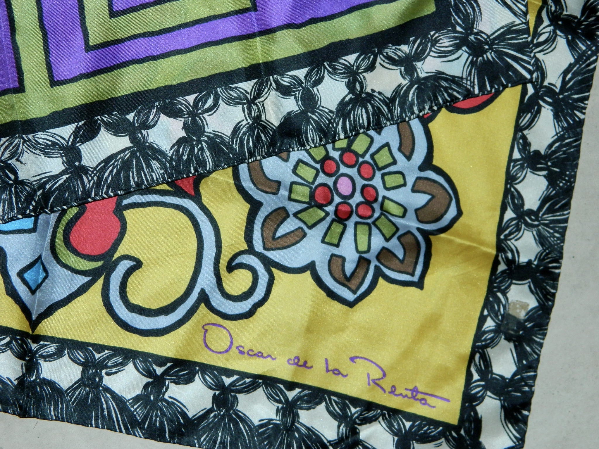 bold silk scarf Oscar de la Renta mosaic floral Greek Key vintage 1980s