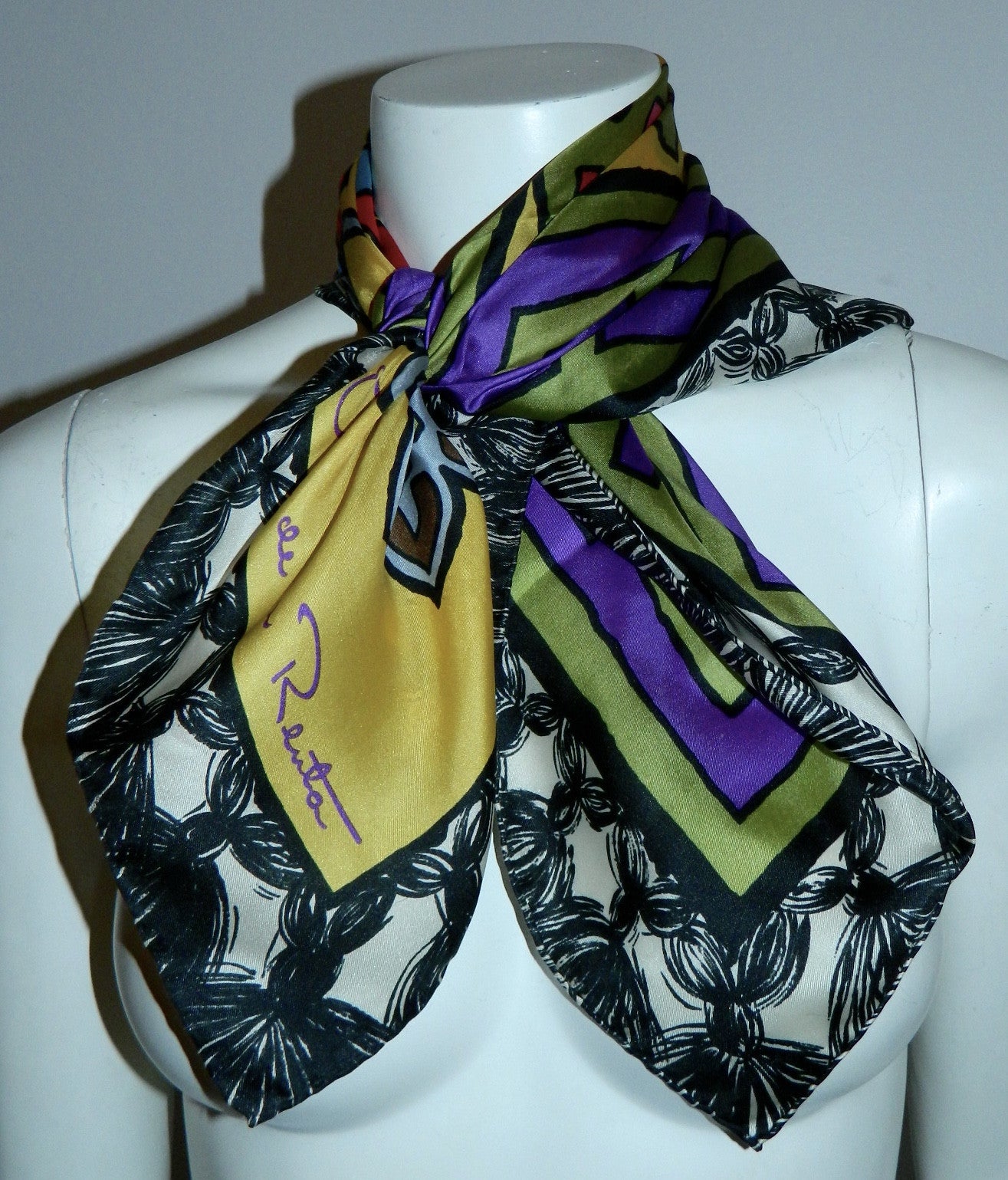 bold silk scarf Oscar de la Renta mosaic floral Greek Key vintage 1980s