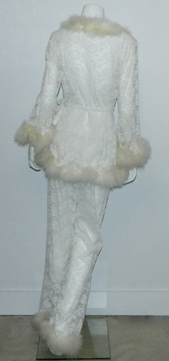 vintage GLYDONS of Hollywood white lace pajamas Marabou trim short robe pants set M