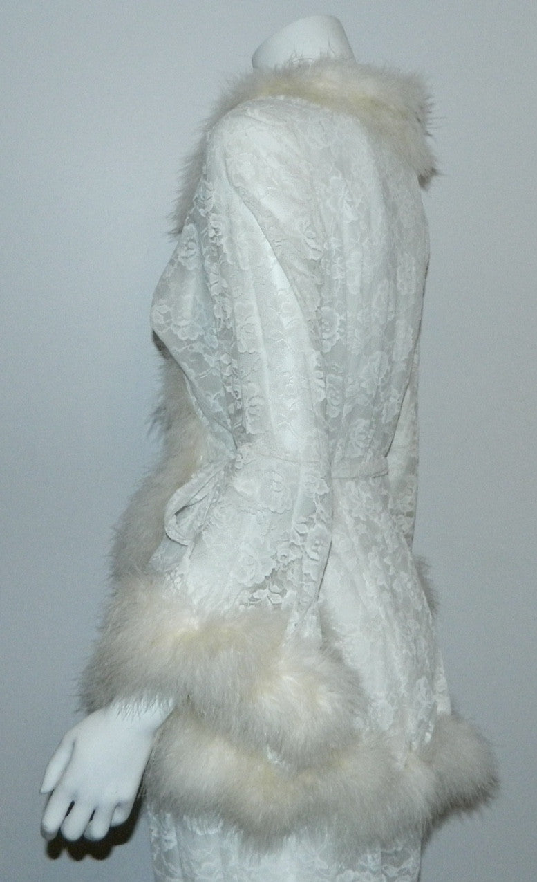 vintage GLYDONS of Hollywood white lace pajamas Marabou trim short robe pants set M