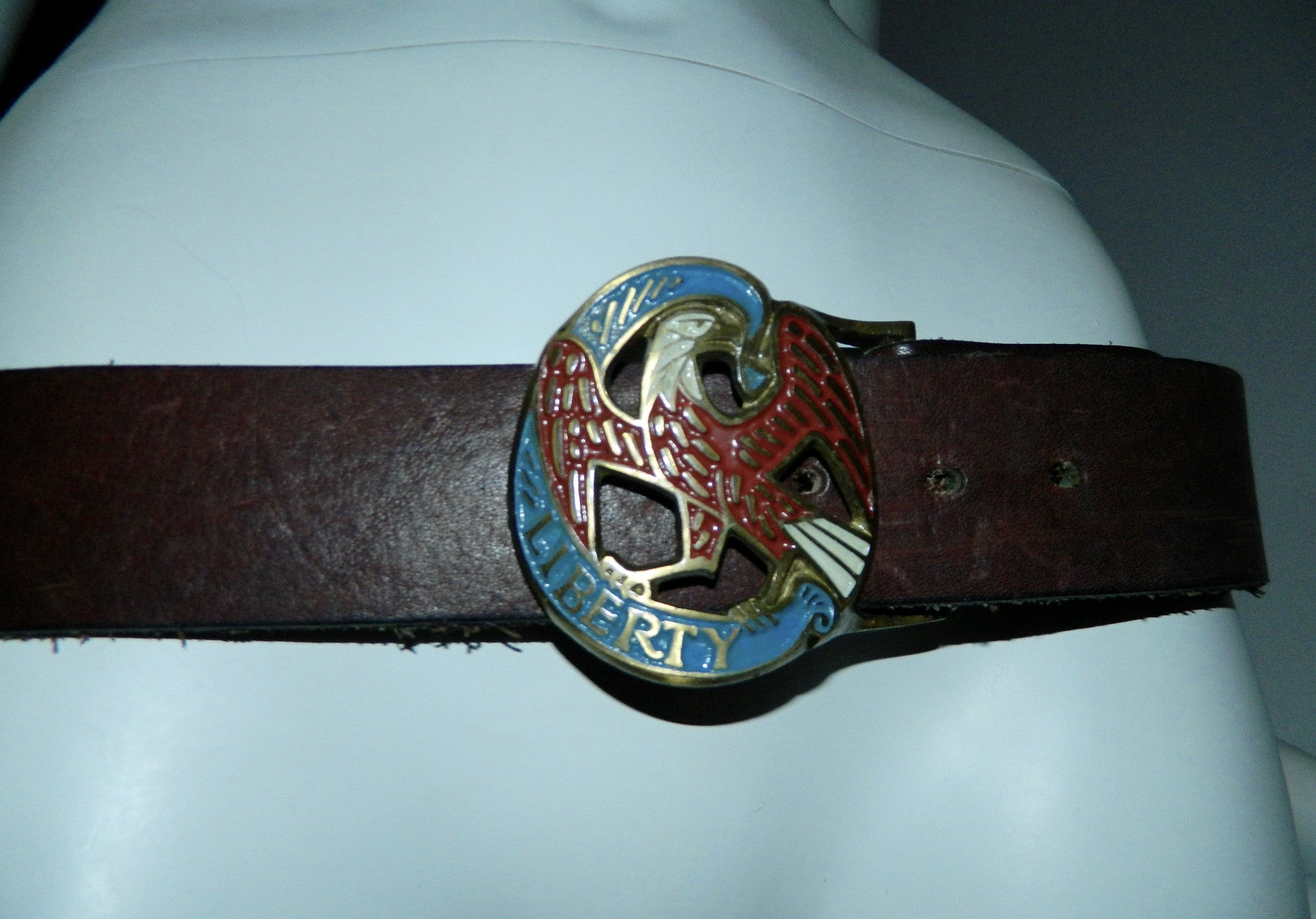 vintage 1970s leather belt Brass eagle buckle LIBERTY enamel 36 38