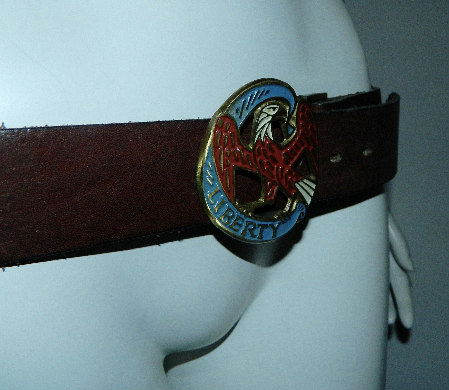 vintage 1970s leather belt Brass eagle buckle LIBERTY enamel 36 38
