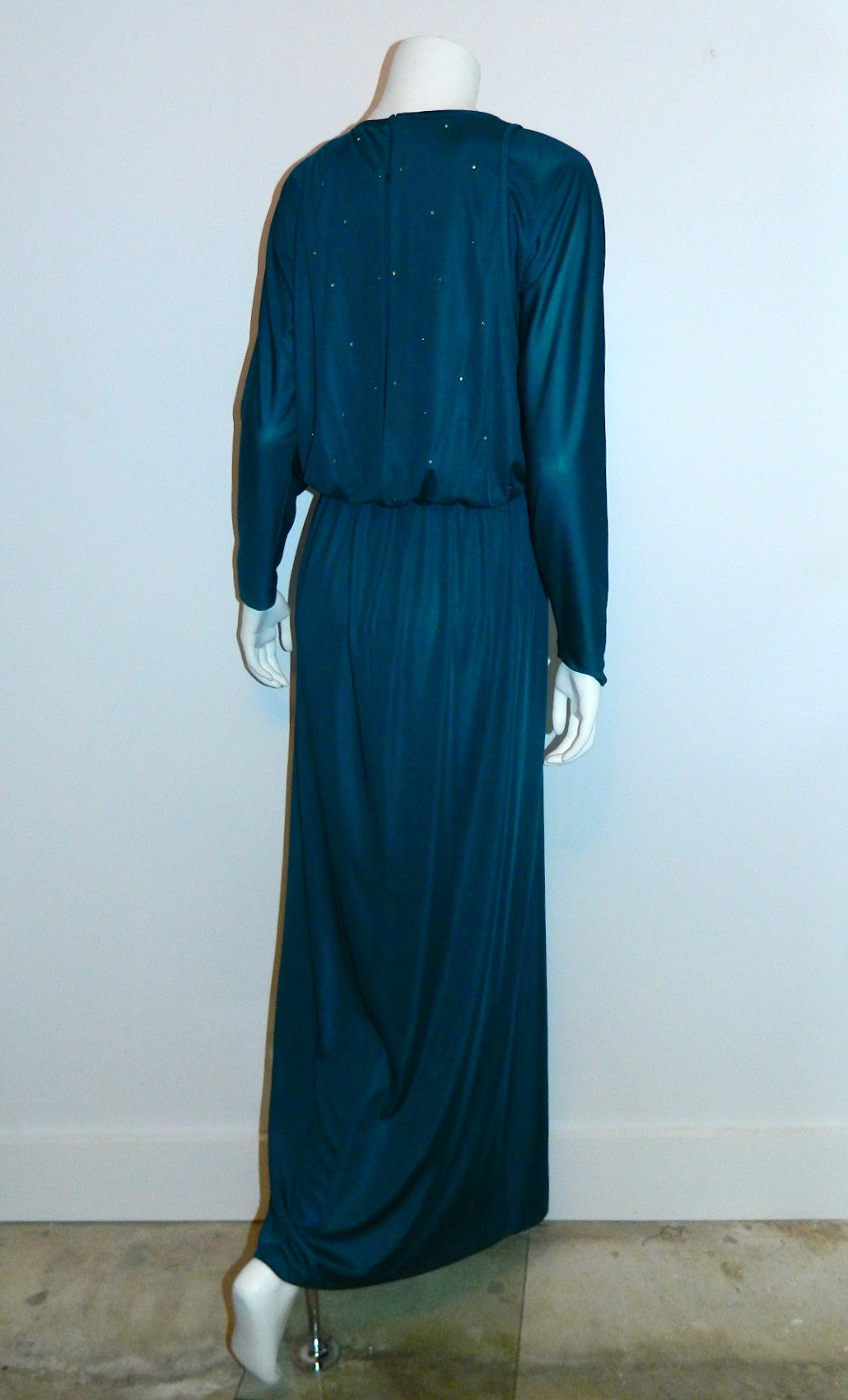 vintage 1970s teal maxi dress RHINESTONE bodice / dolman sleeves Disco gown XS