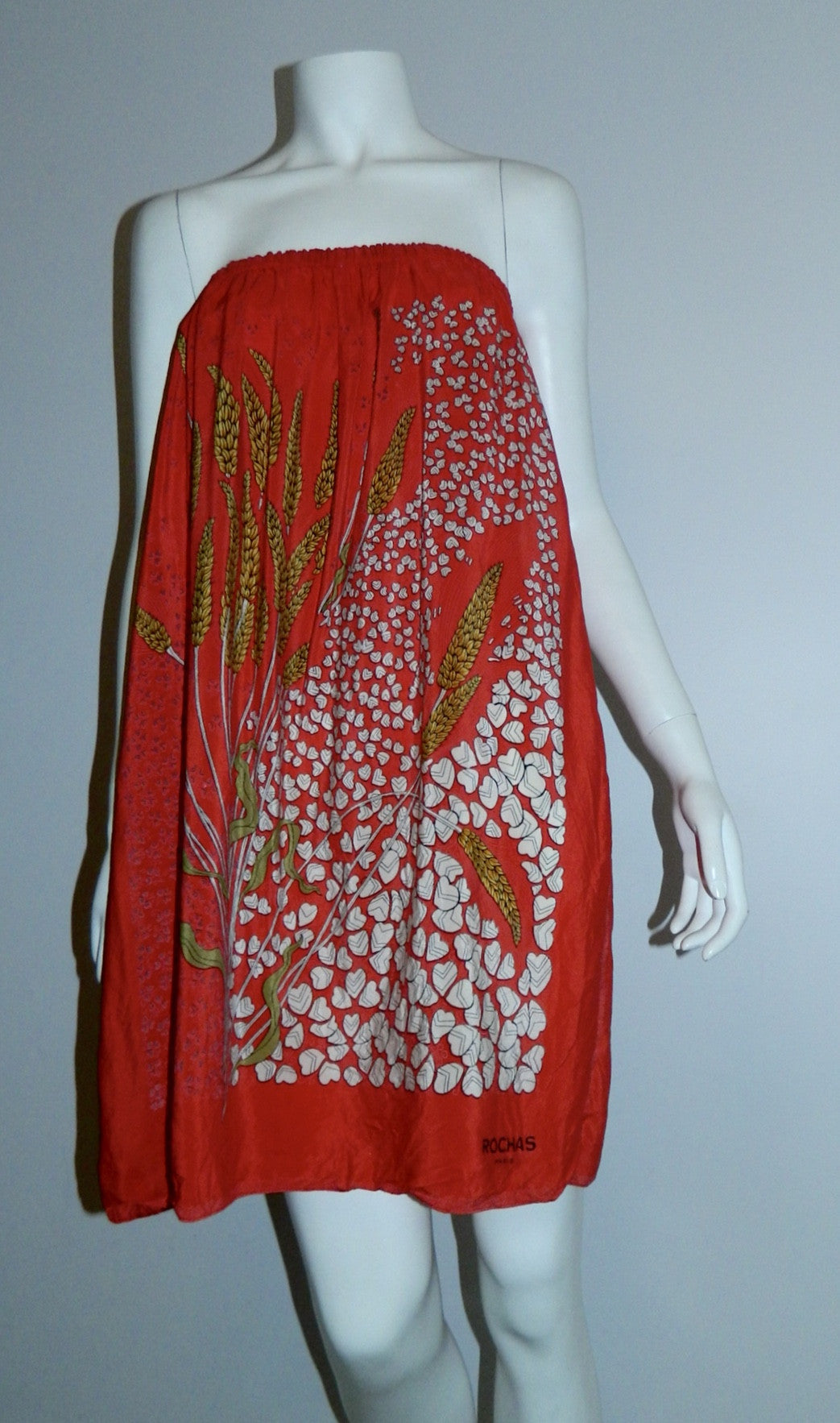 vintage silk midi skirt / 1970s ROCHAS red scarf skirt wheat fields / strapless dress OSFM