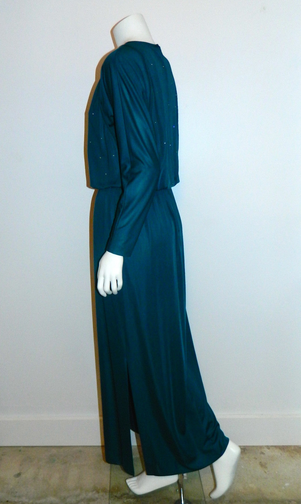 vintage 1970s teal maxi dress RHINESTONE bodice / dolman sleeves Disco gown XS