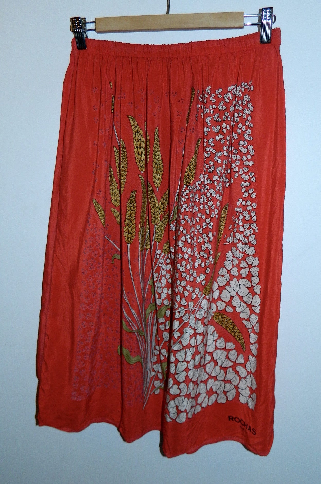 vintage silk midi skirt / 1970s ROCHAS red scarf skirt wheat fields / strapless dress OSFM