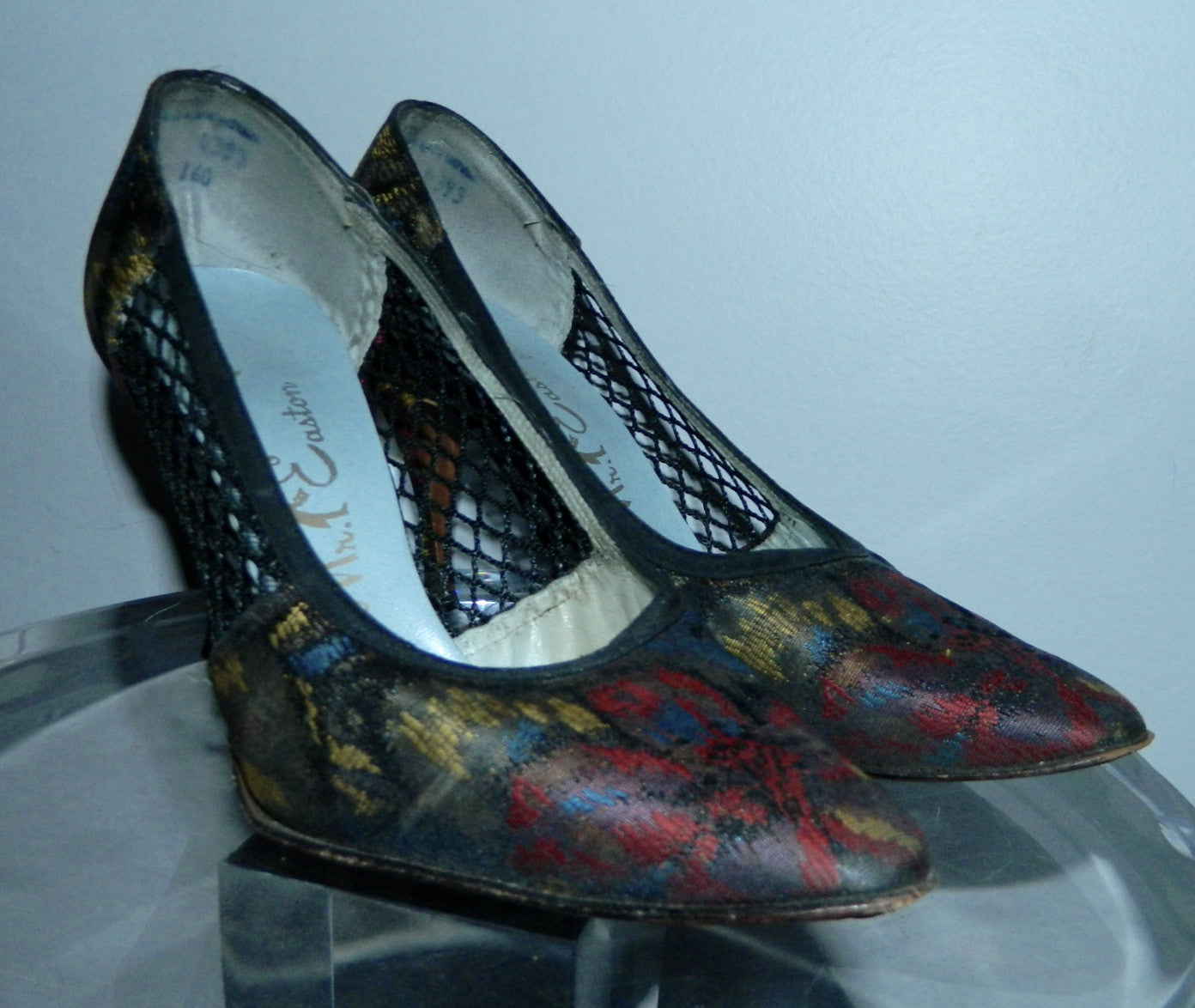 vintage 1950s stiletto heels / floral brocade high heels / black mesh cutouts US 6 - 7