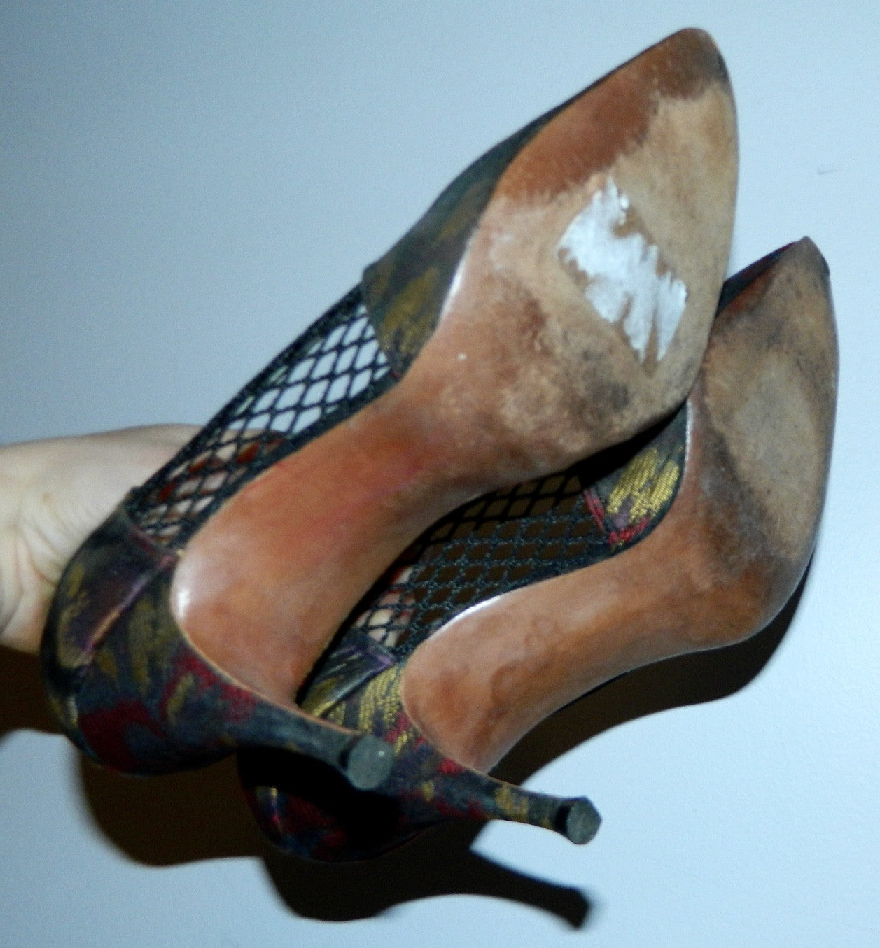 vintage 1950s stiletto heels / floral brocade high heels / black mesh cutouts US 6 - 7