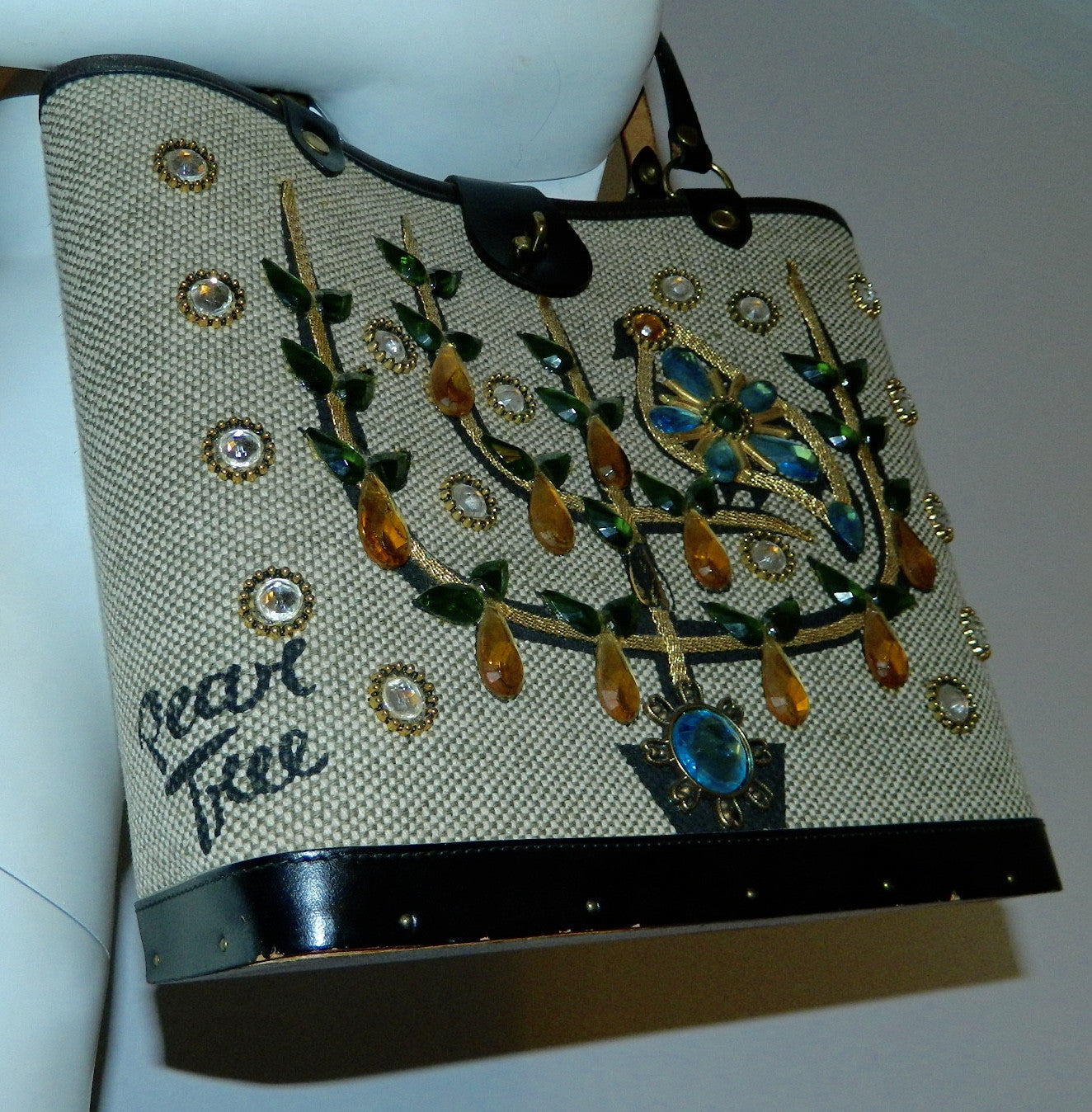 vintage 1960s Enid Collins tote bag Pear Tree jeweled purse wood panel