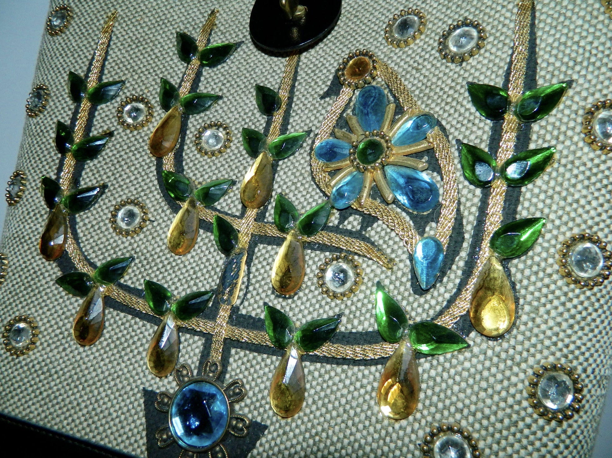 vintage 1960s Enid Collins tote bag Pear Tree jeweled purse wood panel