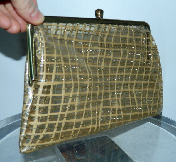 vintage 1950s plastic clutch bag clear gold metallic plaid
