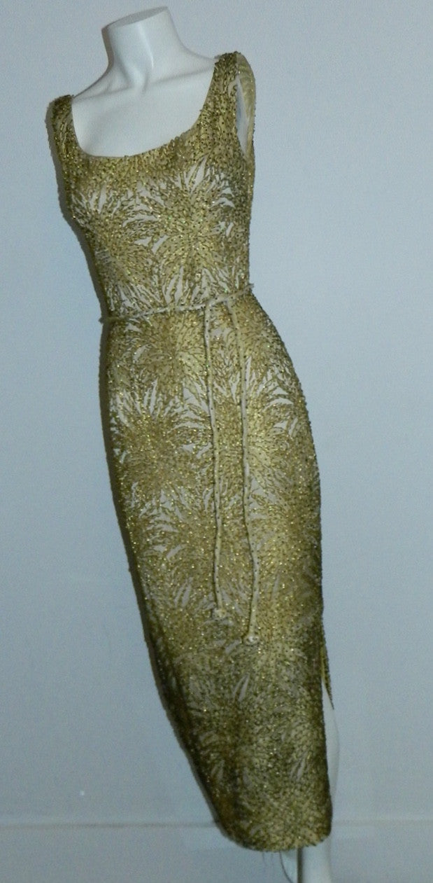 vintage 1960s beaded gown / gold chrysanthemum brocade wiggle dress degrede hand beading