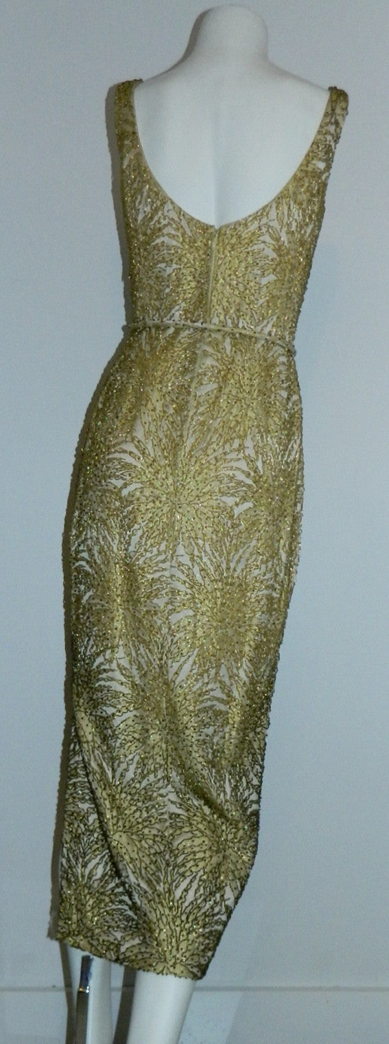 vintage 1960s beaded gown / gold chrysanthemum brocade wiggle dress degrede hand beading