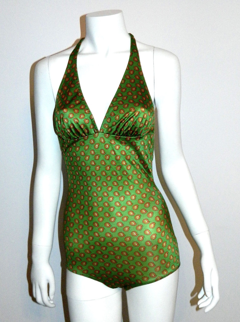 vintage 1970s green paisley JerSea of Sweden swim suit Halter neck bathing suit XS - S