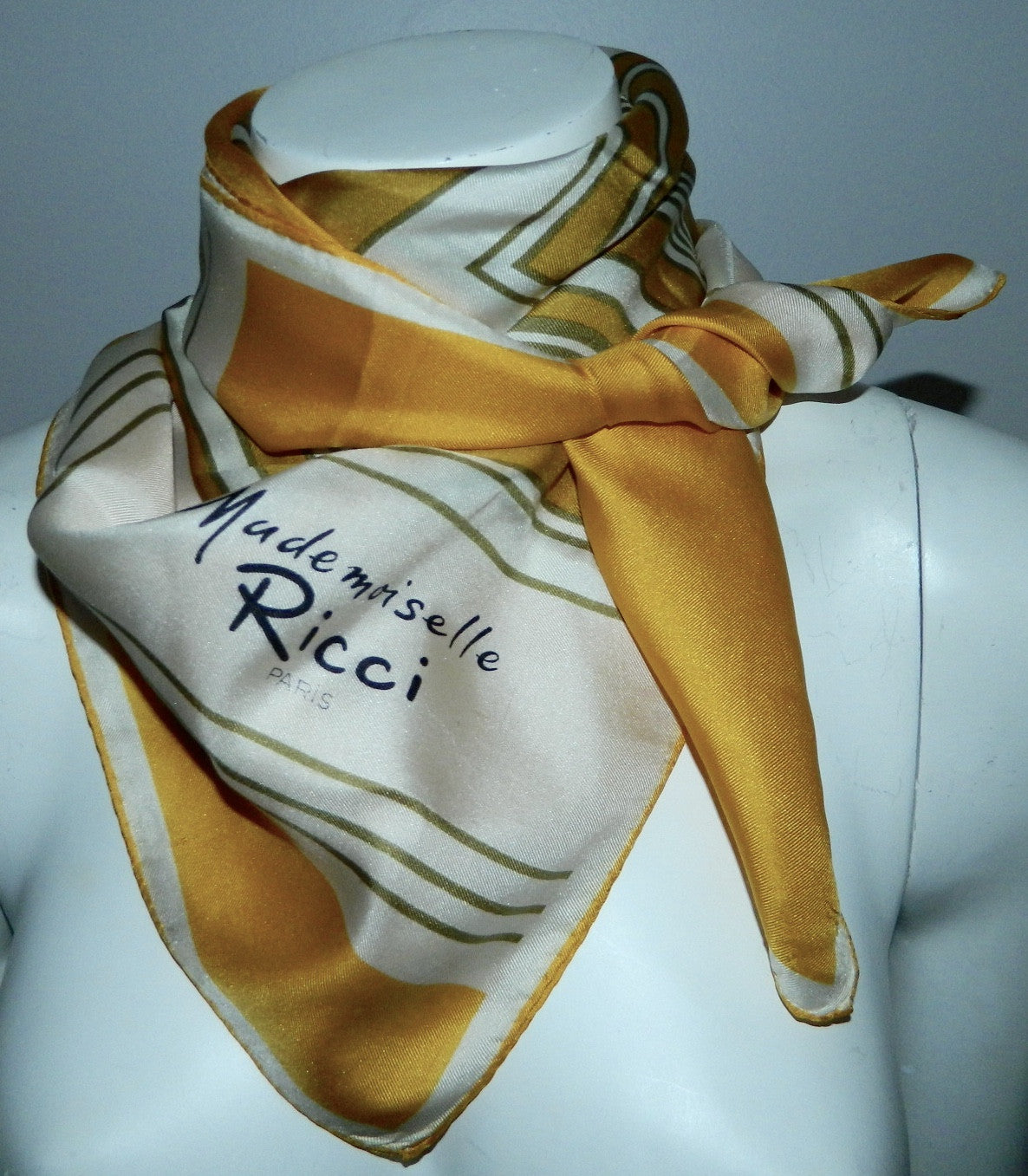 vintage Nina Ricci scarf / 1960s square silk scarf / linear geometric goldenrod silk twill