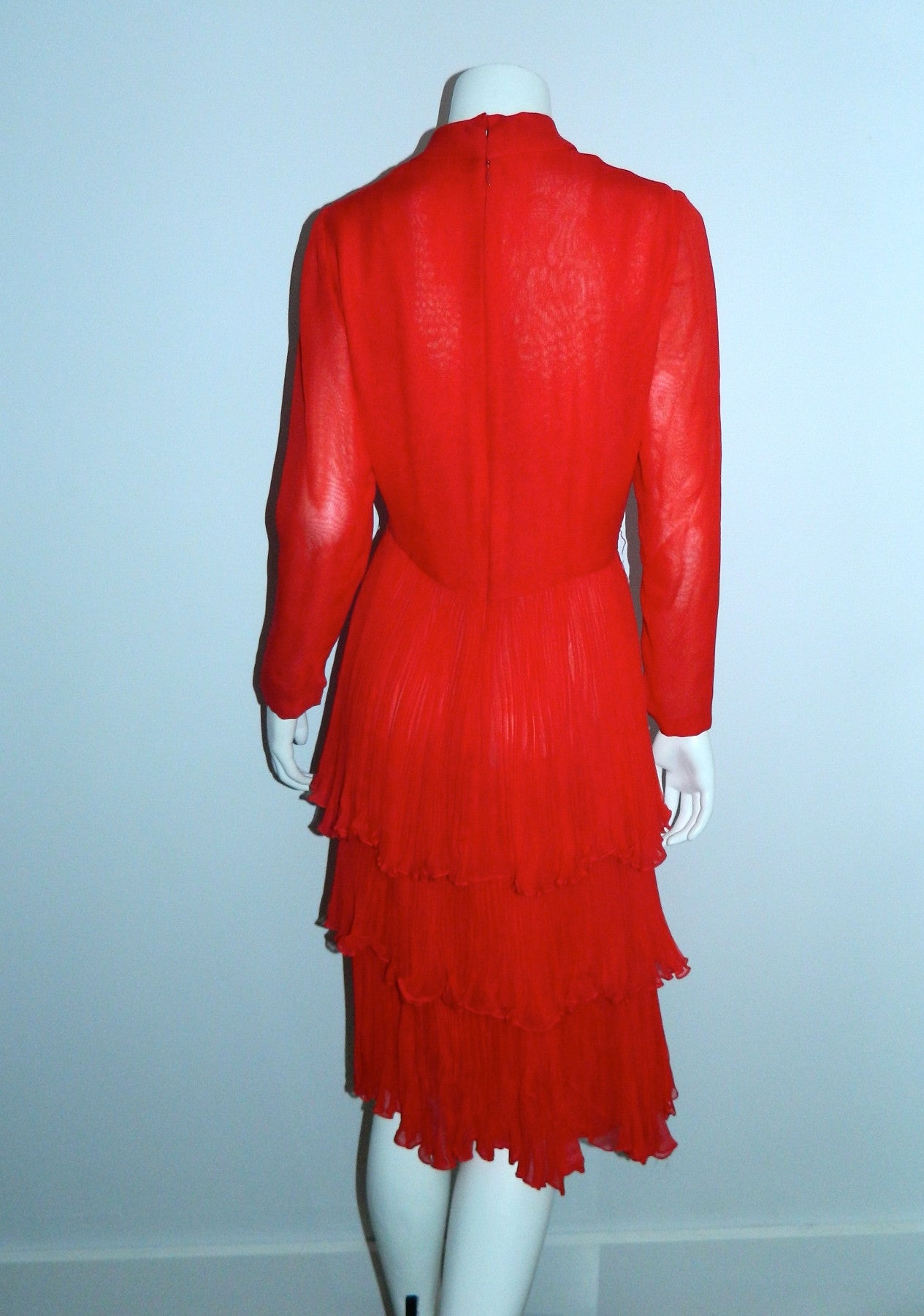 red silk chiffon John Anthony dress / 1970s vintage / tiered skirt / bow neck XS - S