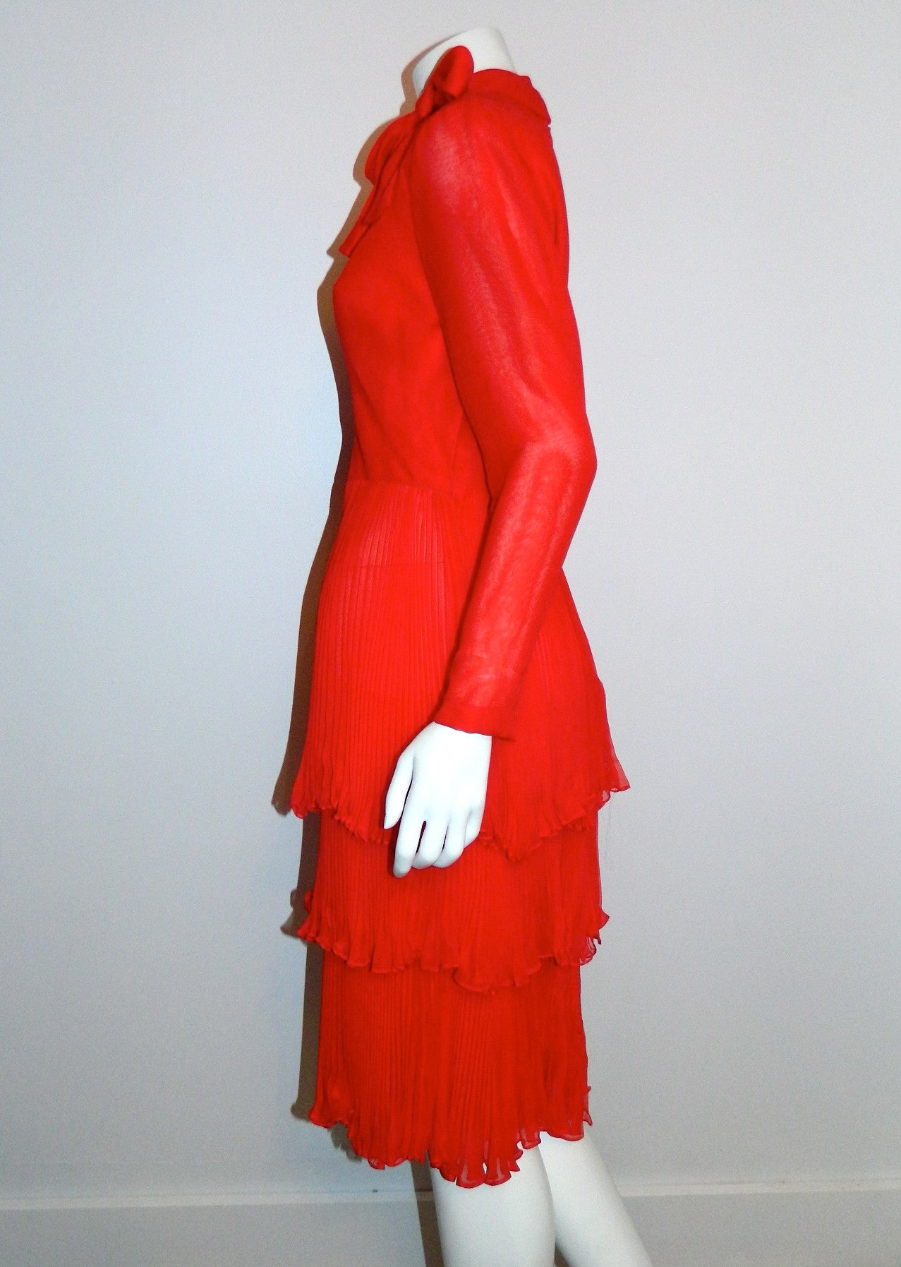 red silk chiffon John Anthony dress / 1970s vintage / tiered skirt / bow neck XS - S