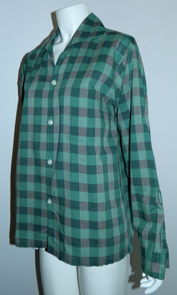 vintage 1940s teal plaid shirt Van Heusen Maggi button loop collar Mens S - M