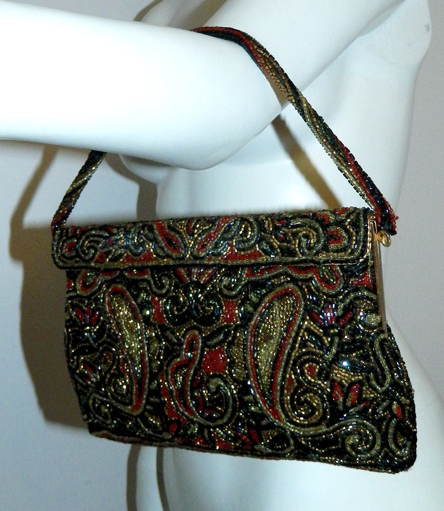 vintage black beaded evening bag 1950s WALBORG paisley clutch handbag