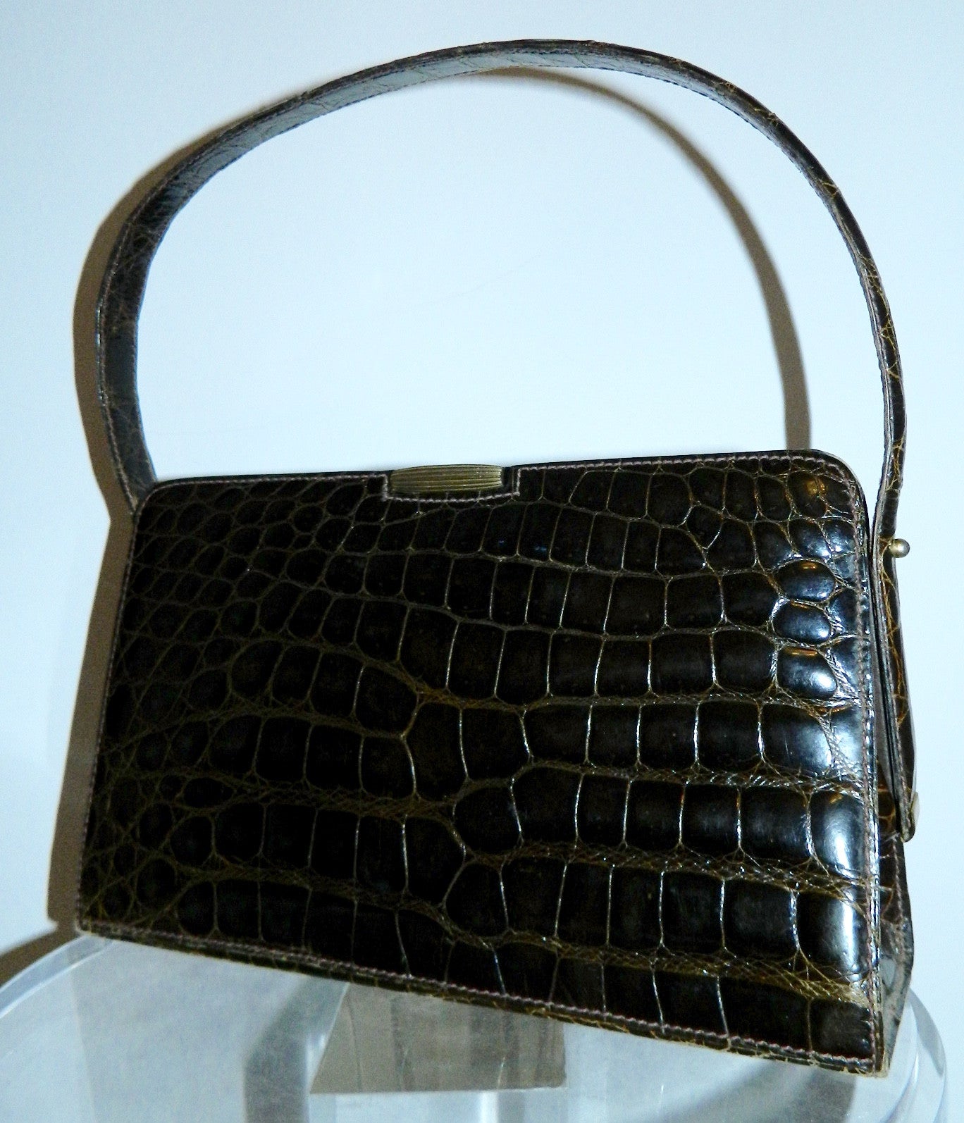 glossy brown crocodile handbag vintage 1940s Saks Fifth Avenue French made purse