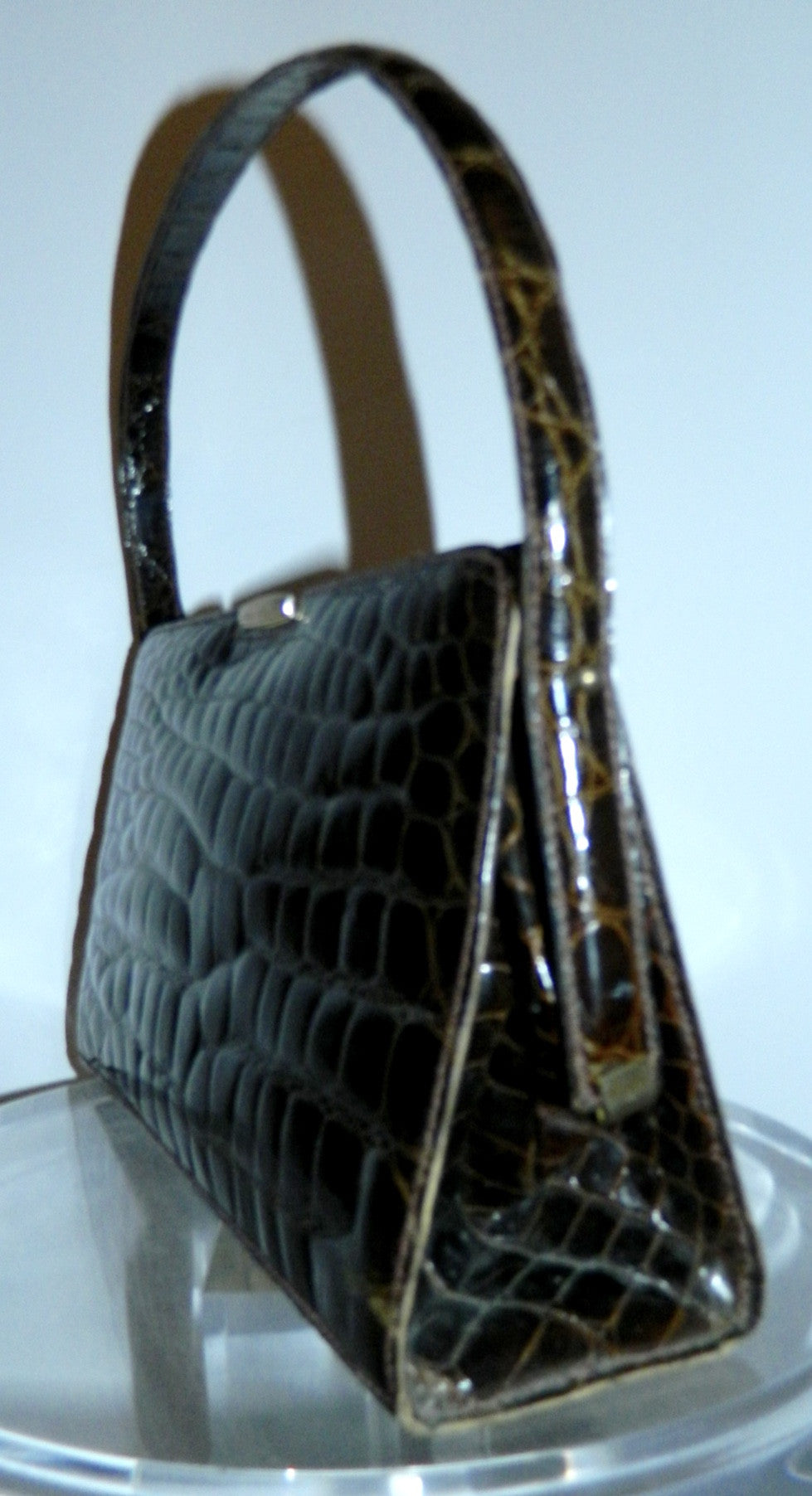 glossy brown crocodile handbag vintage 1940s Saks Fifth Avenue French made purse
