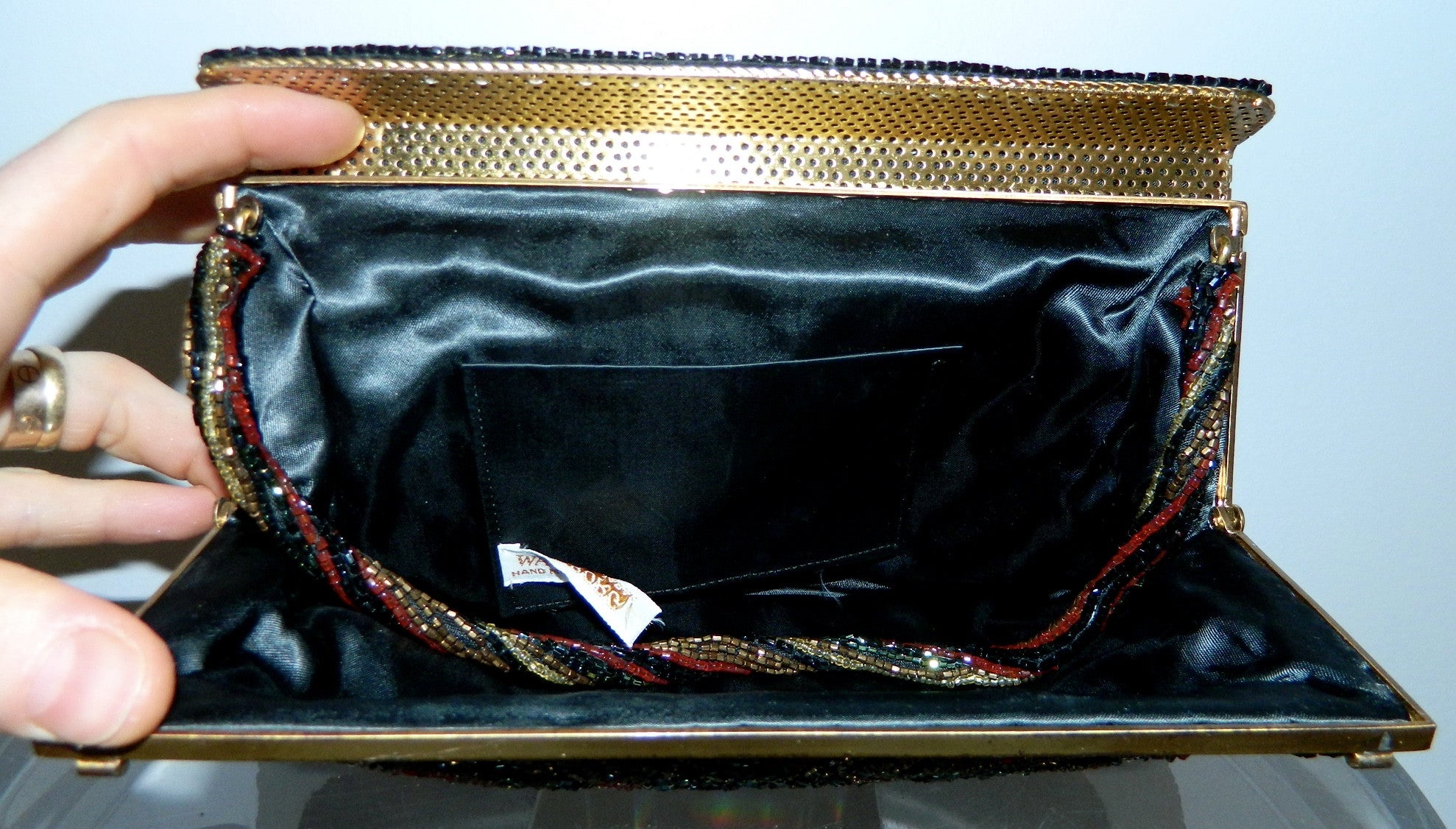 vintage black beaded evening bag 1950s WALBORG paisley clutch handbag