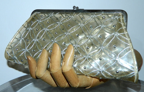 vintage 1950s plastic clutch bag / clear purse / silver metal studs lurex weave