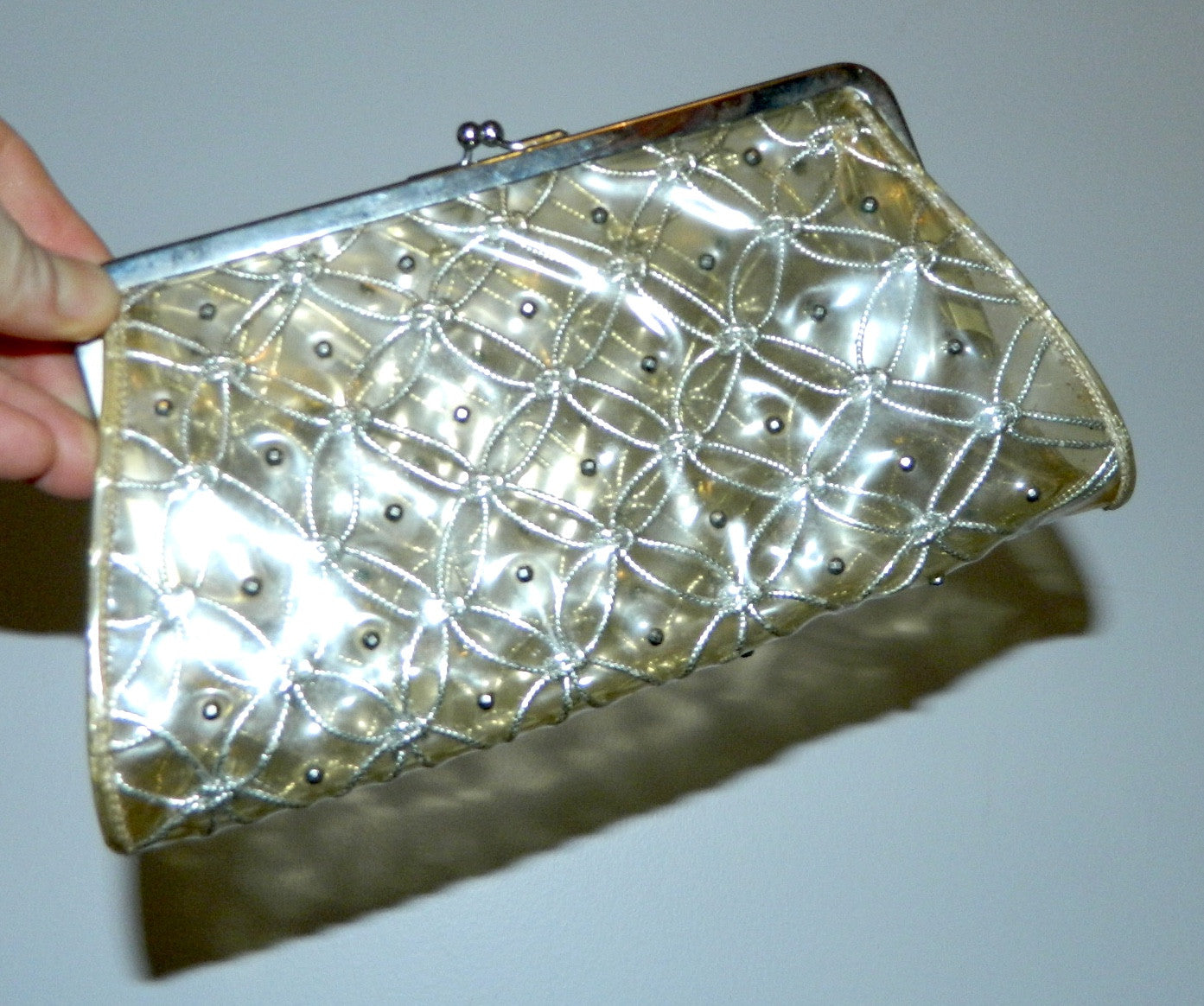 vintage 1950s plastic clutch bag clear purse silver metal studs lurex weave