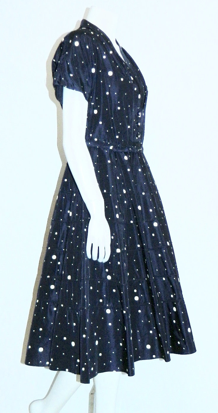 vintage 1950s blue polka dot dress / circle skirt / rhinestone buttons / New Look party frock