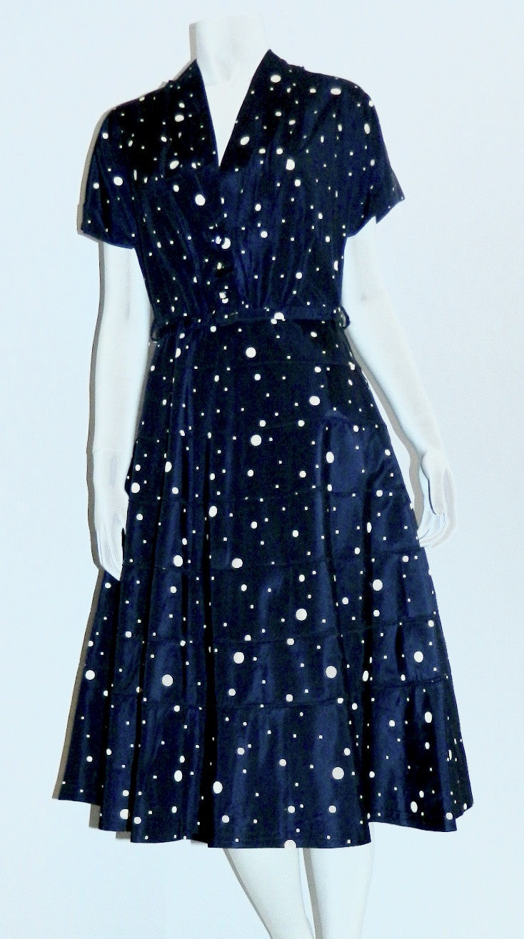 vintage 1950s blue polka dot dress / circle skirt / rhinestone buttons / New Look party frock