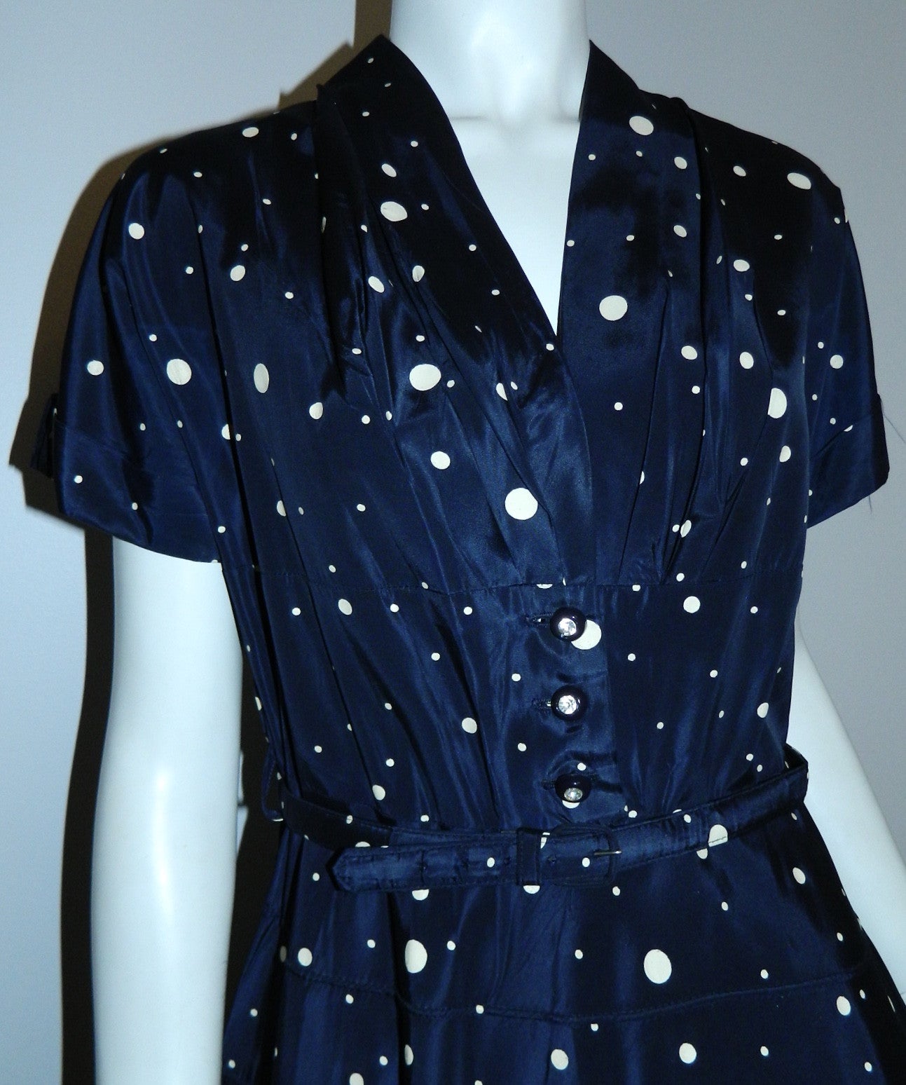 vintage 1950s blue polka dot dress / circle skirt / rhinestone buttons / New Look party frock