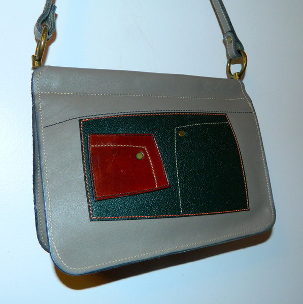 vintage 1970s patchwork leather bag / gray leather hinged top shoulder purse